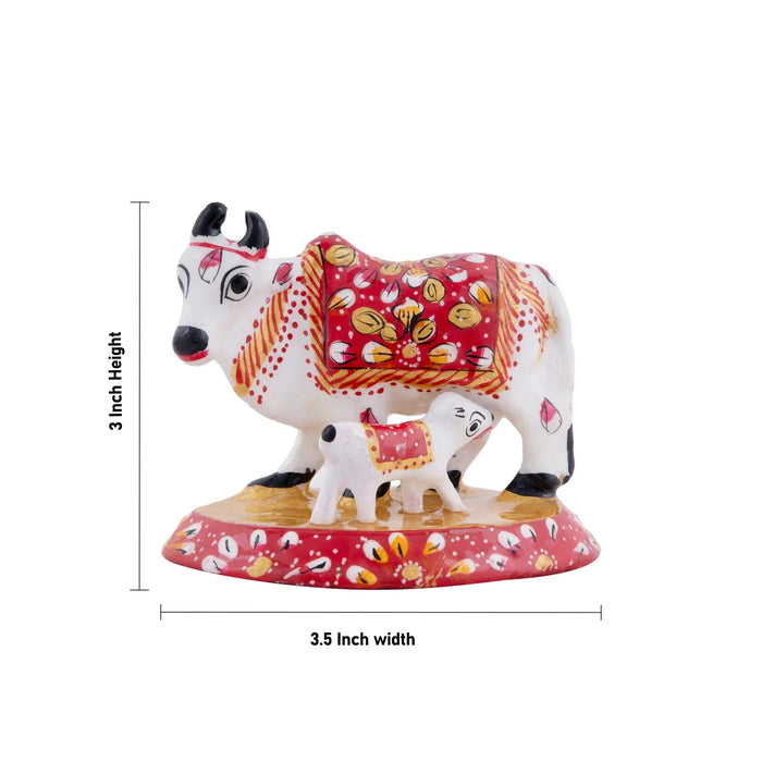 Cow and Calf Idol - 3 x 3.5 Inches | Metal Kamadhenu Statue/ Cow Calf Idol for Pooja