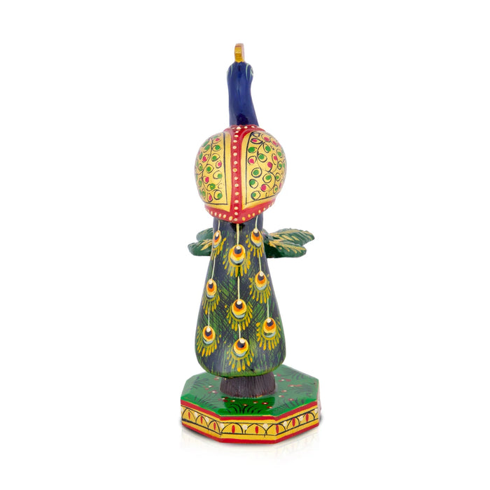 Peacock On Tree Statue - 6 x 2.5 Inches | Wooden Peacock Idol/ Painted Peacock Figurine for Home