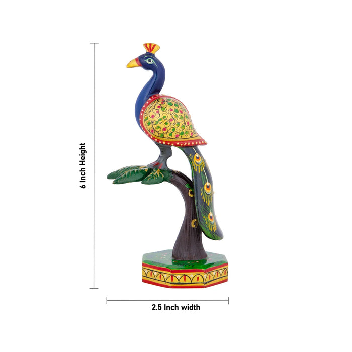 Peacock On Tree Statue - 6 x 2.5 Inches | Wooden Peacock Idol/ Painted Peacock Figurine for Home