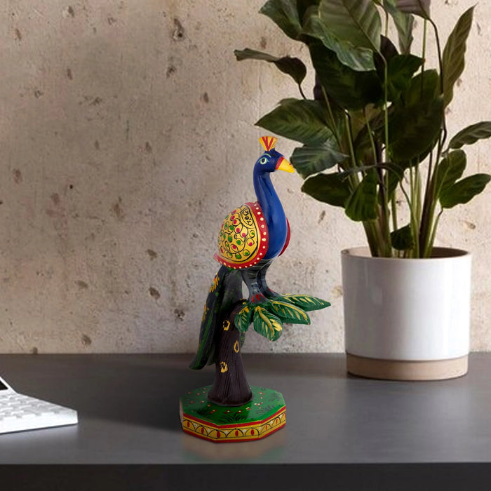 Peacock On Tree Statue - 6 x 2.5 Inches | Wooden Peacock Idol/ Painted Peacock Figurine for Home - Table Stand Accessories