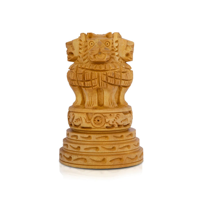 Ashoka Pillar Sculpture - 4 x 2.5 Inches | Wooden Ashoka Emblem/ Ashok Head Idol for Home Decor