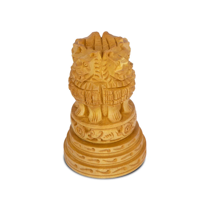 Ashoka Pillar Sculpture - 4 x 2.5 Inches | Wooden Ashoka Emblem/ Ashok Head Idol for Home Decor