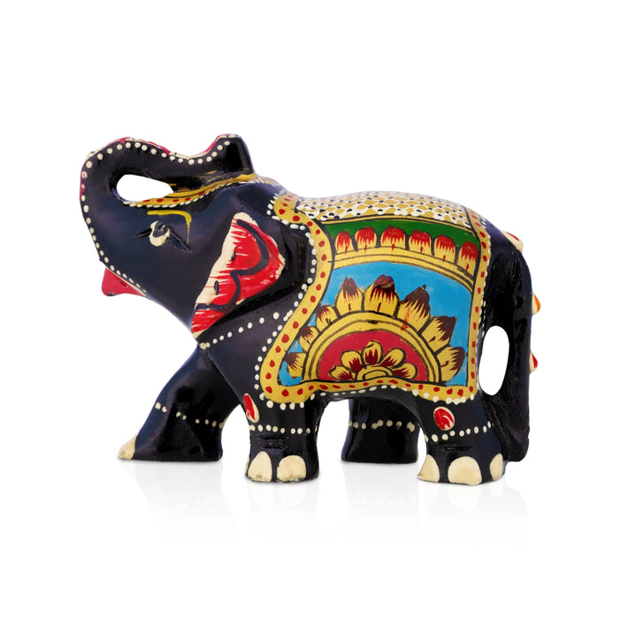 Elephant Statue - 2 x 3 Inches | Wooden Elephant Idol/ Jali Design/ Painted Elephant Sculpture for Table Decor