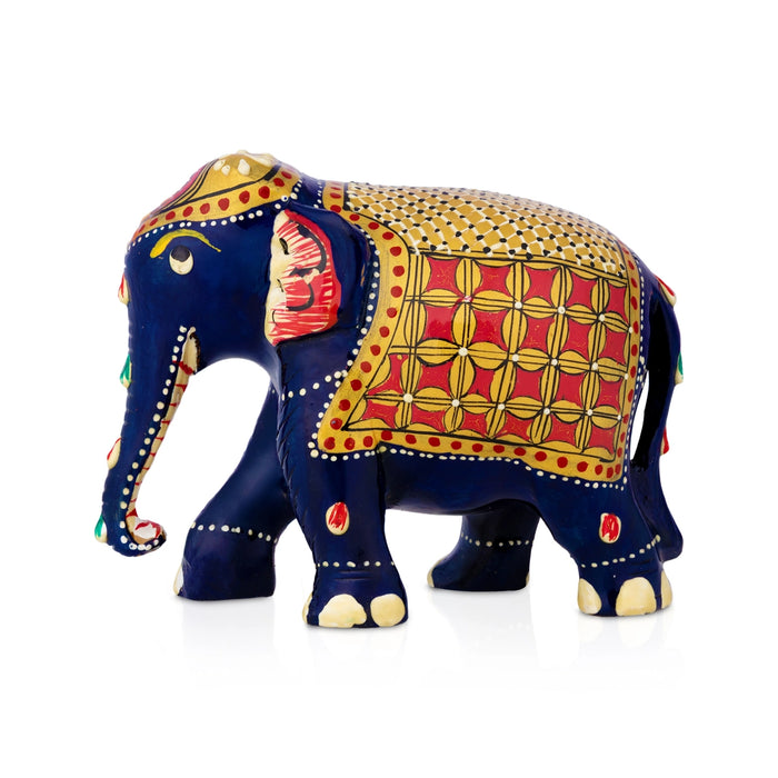 Painted Elephant Figurine - 3 x 4 Inches | Wooden Elephant Idol/ Jali Design/ Painted Elephant Statue for Home