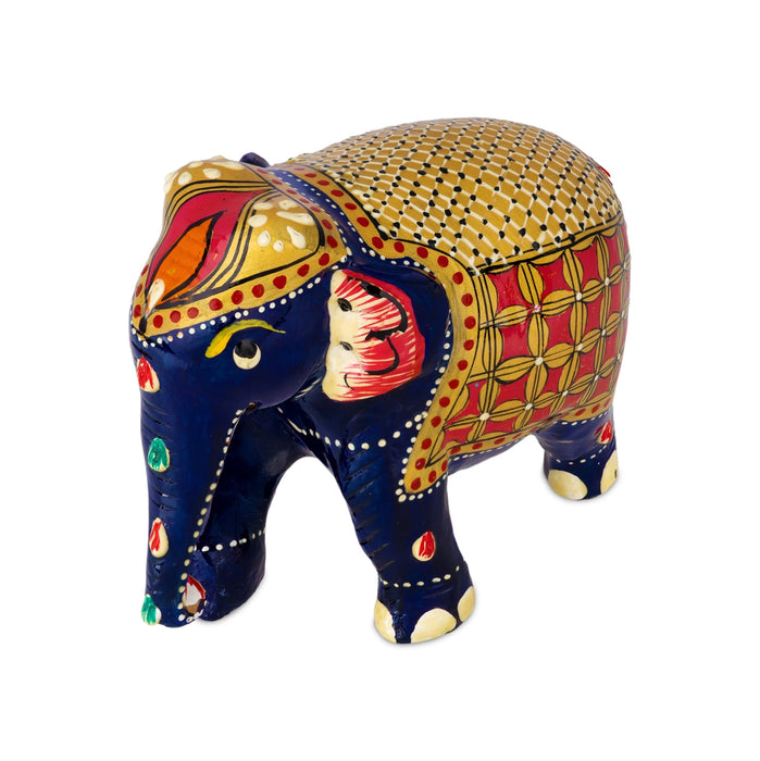 Painted Elephant Figurine - 3 x 4 Inches | Wooden Elephant Idol/ Jali Design/ Painted Elephant Statue for Home