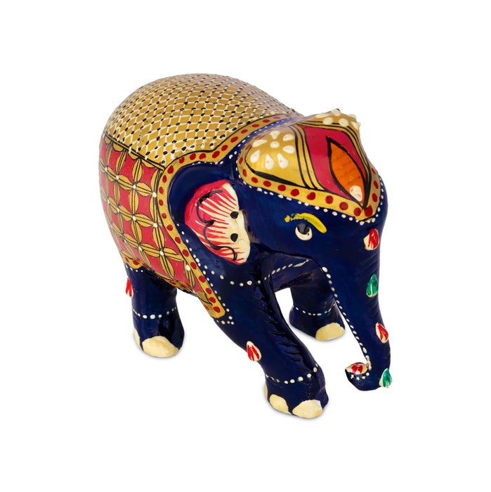 Painted Elephant Figurine - 3 x 4 Inches | Wooden Elephant Idol/ Jali Design/ Painted Elephant Statue for Home