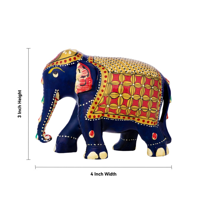 Painted Elephant Figurine - 3 x 4 Inches | Wooden Elephant Idol/ Jali Design/ Painted Elephant Statue for Home