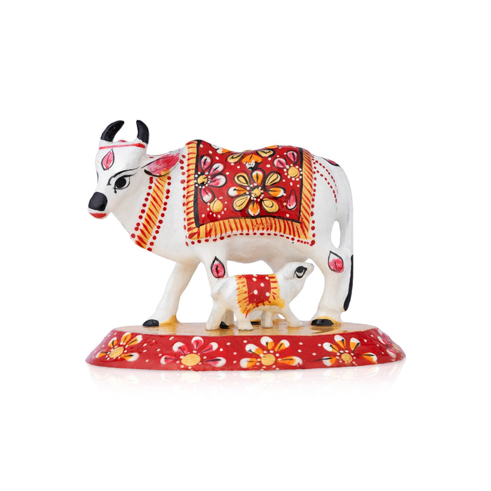 Cow & Calf Idol With Base - 3 x 4.5 Inches | Painted Metal Idol/ Kamadhenu Idol for Pooja