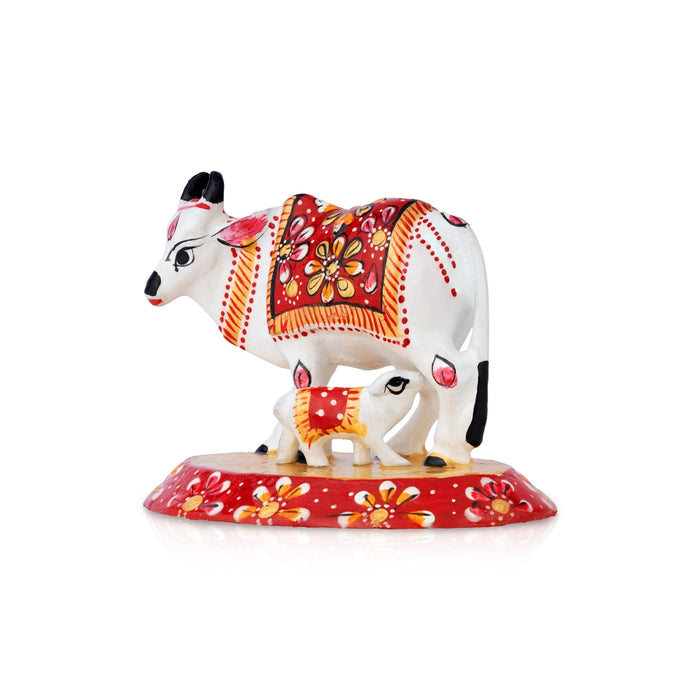 Cow & Calf Idol With Base - 3 x 4.5 Inches | Painted Metal Idol/ Kamadhenu Idol for Pooja