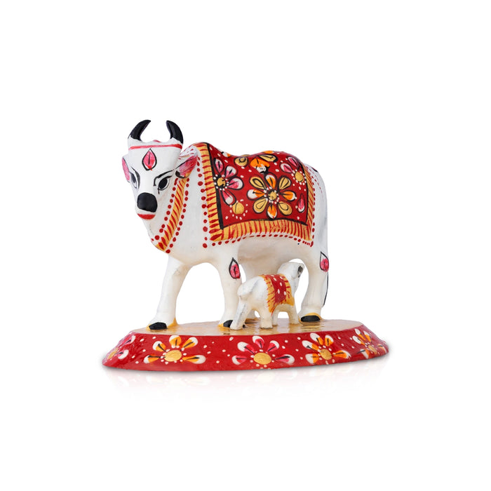 Cow & Calf Idol With Base - 3 x 4.5 Inches | Painted Metal Idol/ Kamadhenu Idol for Pooja