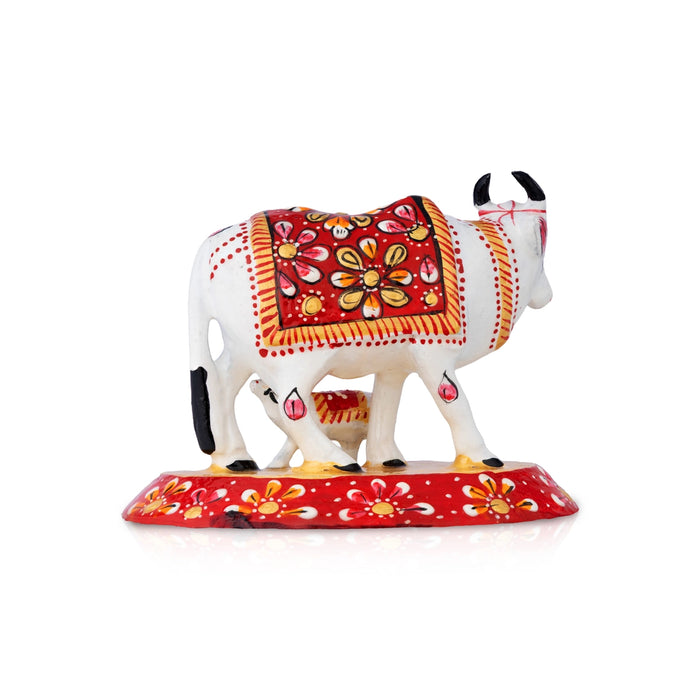 Cow & Calf Idol With Base - 3 x 4.5 Inches | Painted Metal Idol/ Kamadhenu Idol for Pooja