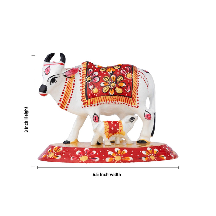 Cow & Calf Idol With Base - 3 x 4.5 Inches | Painted Metal Idol/ Kamadhenu Idol for Pooja