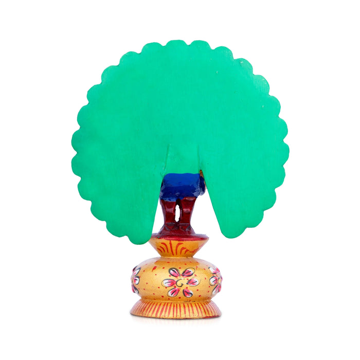 Peacock Statue - 6 x 4 Inches | Wooden Peacock/ Painted Dancing Peacock Idol for Home Decor - Table Stand Accessories