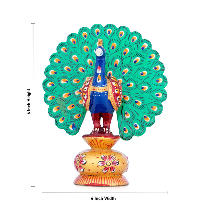 Peacock Statue - 6 x 4 Inches | Wooden Peacock/ Painted Dancing Peacock Idol for Home Decor - Table Stand Accessories