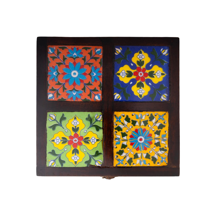 Jewellery Box- 4.5 X 7.25 Inches | Tile Flower Design Storage Box/ Decorative Wooden Box For Ornaments & Gifts - Pooja Box & Paduka