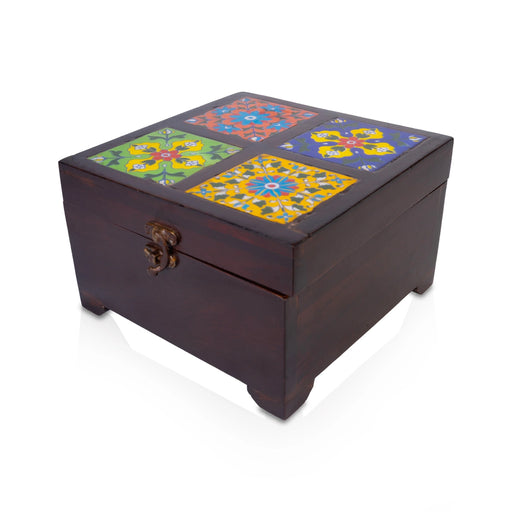 Jewellery Box- 4.5 X 7.25 Inches | Tile Flower Design Storage Box/ Decorative Wooden Box For Ornaments & Gifts - Pooja Box & Paduka