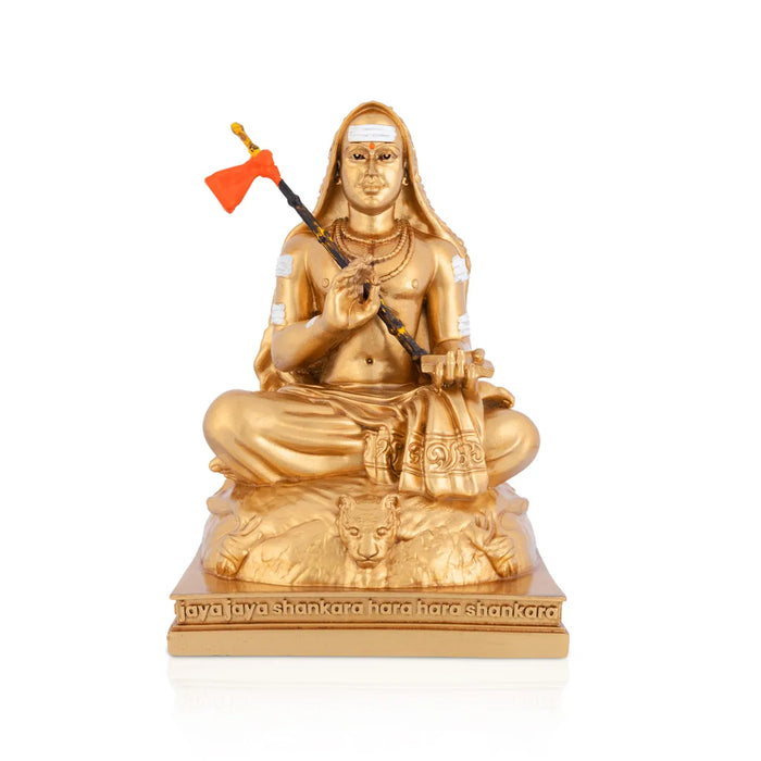 Adi Shankara Sitting On Base Murti - 6 x 4.5 Inches | Resin Statue/Gold Polish Shankaracharya Idol For Pooja - Fibre Murties