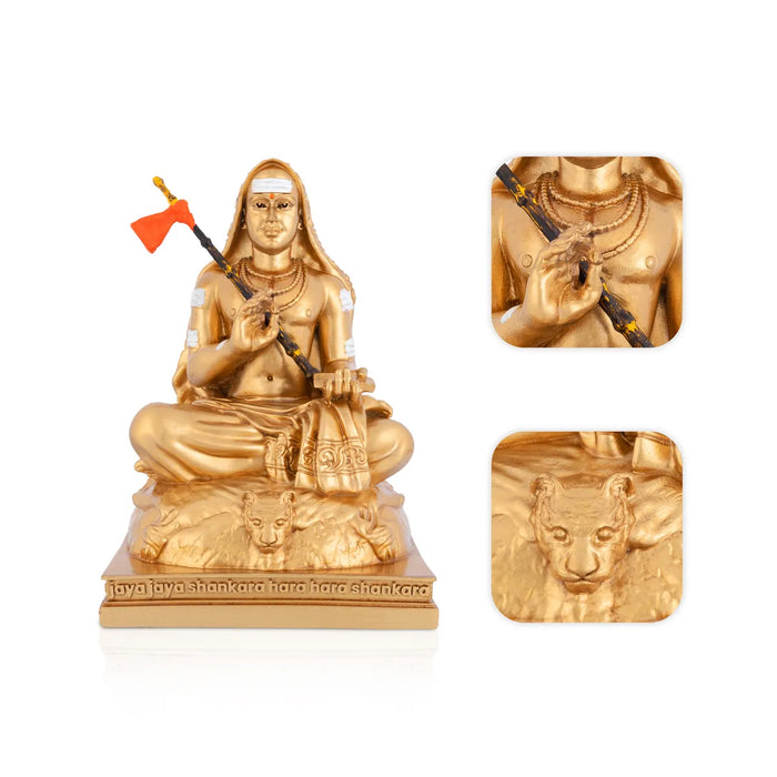Adi Shankara Sitting On Base Murti - 6 x 4.5 Inches | Resin Statue/Gold Polish Shankaracharya Idol For Pooja - Fibre Murties