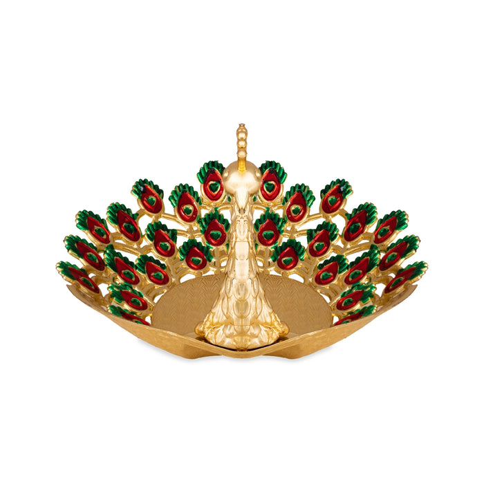 Pooja Tray - 6 x 6 Inches | Peacock Design Serving Tray/ Meenakari Design Plate for Home & Gifting/ Assorted