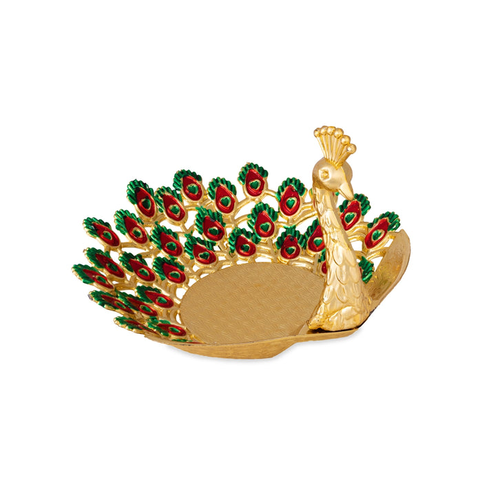 Pooja Tray - 6 x 6 Inches | Peacock Design Serving Tray/ Meenakari Design Plate for Home & Gifting/ Assorted