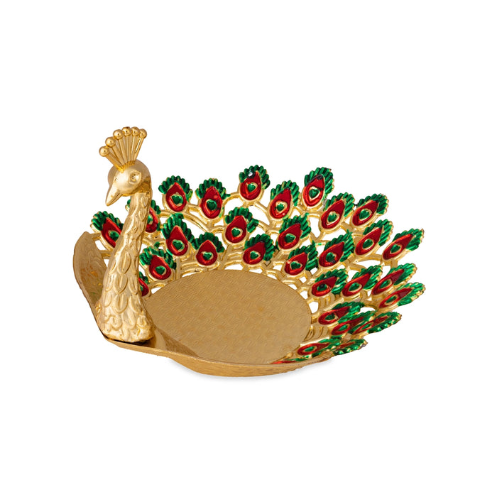 Pooja Tray - 6 x 6 Inches | Peacock Design Serving Tray/ Meenakari Design Plate for Home & Gifting/ Assorted