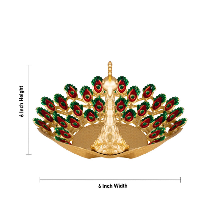 Pooja Tray - 6 x 6 Inches | Peacock Design Serving Tray/ Meenakari Design Plate for Home & Gifting/ Assorted
