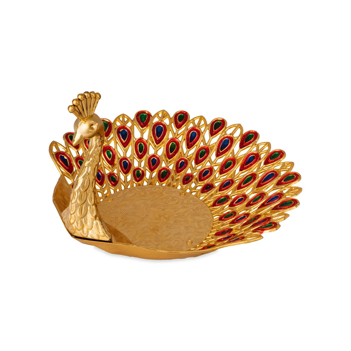 Pooja Tray - 6 x 6 Inches | Peacock Design Serving Tray/ Meenakari Design Plate for Home & Gifting/ Assorted