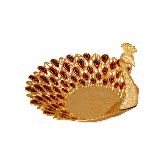 Pooja Tray - 6 x 6 Inches | Peacock Design Serving Tray/ Meenakari Design Plate for Home & Gifting/ Assorted
