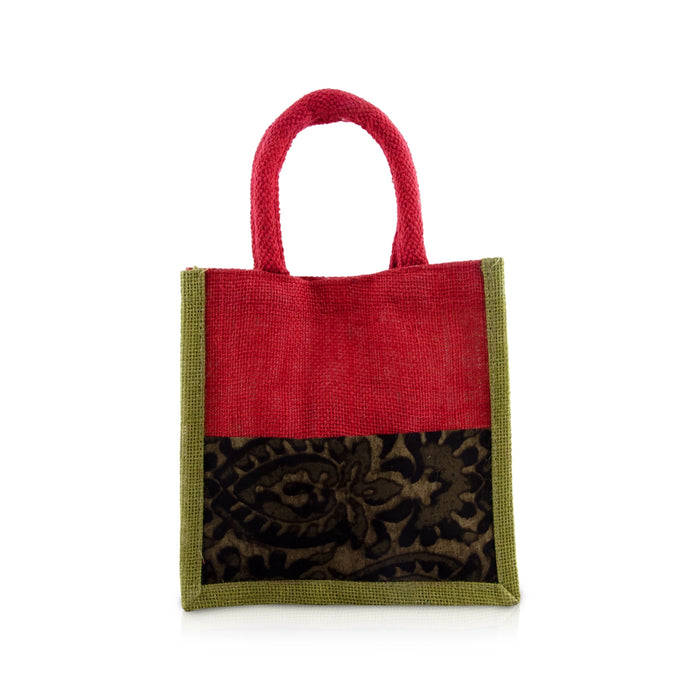 Jute Bag - 8 x 8 Inches | Velcro Closure Tote Bag/ Kalamkari Cloth Handbag for Return Gifts/ Assorted Colour - Bags & Pouches