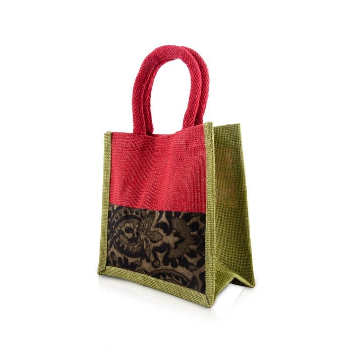 Jute Bag - 8 x 8 Inches | Velcro Closure Tote Bag/ Kalamkari Cloth Handbag for Return Gifts/ Assorted Colour - Bags & Pouches