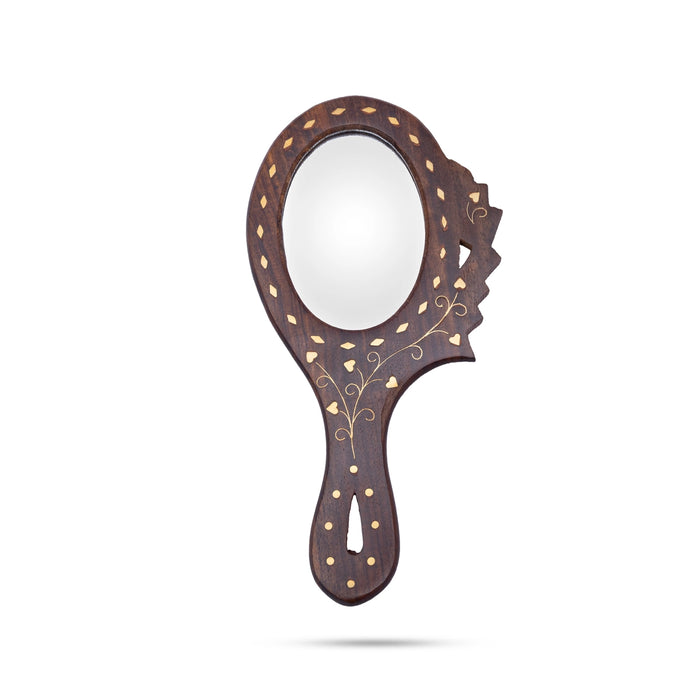 Hand Mirror - 9 x 4.75 Inch | Brass Work Wooden Dressing Mirror / Decorative Makeup Mirror for Home & Vanity