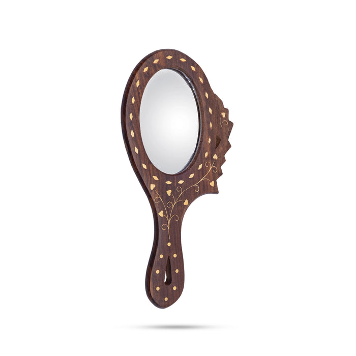 Hand Mirror - 9 x 4.75 Inch | Brass Work Wooden Dressing Mirror / Decorative Makeup Mirror for Home & Vanity