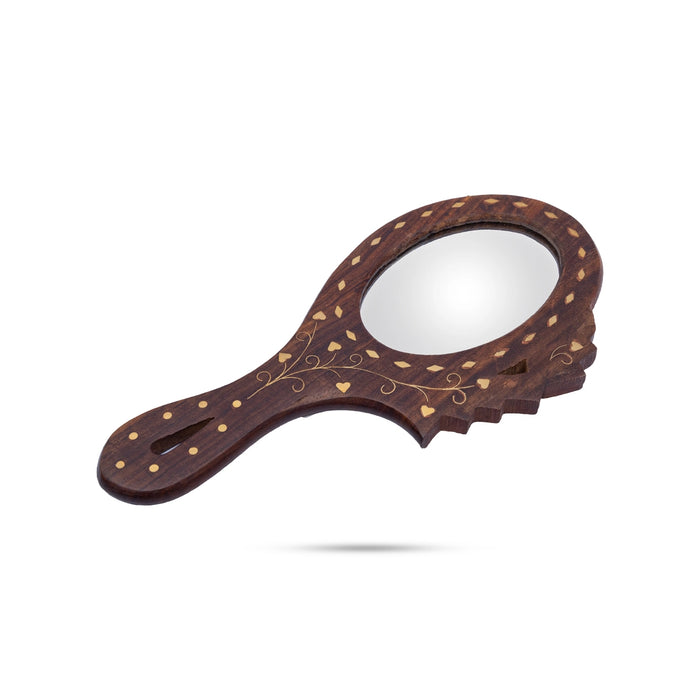 Hand Mirror - 9 x 4.75 Inch | Brass Work Wooden Dressing Mirror / Decorative Makeup Mirror for Home & Vanity
