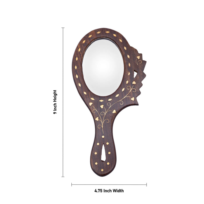 Hand Mirror - 9 x 4.75 Inch | Brass Work Wooden Dressing Mirror / Decorative Makeup Mirror for Home & Vanity