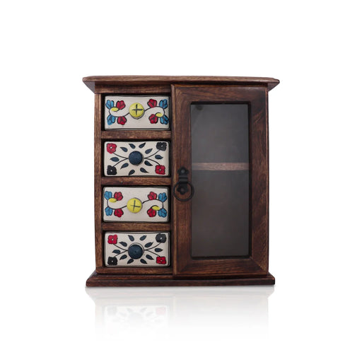 Almirah with 4 Drawer & One Door - 12 x 11.5 Inches | Wooden Box/ Storage Box for Home - Table Stand Accessories