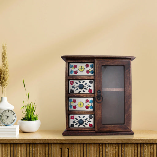 Almirah with 4 Drawer & One Door - 12 x 11.5 Inches | Wooden Box/ Storage Box for Home - Table Stand Accessories