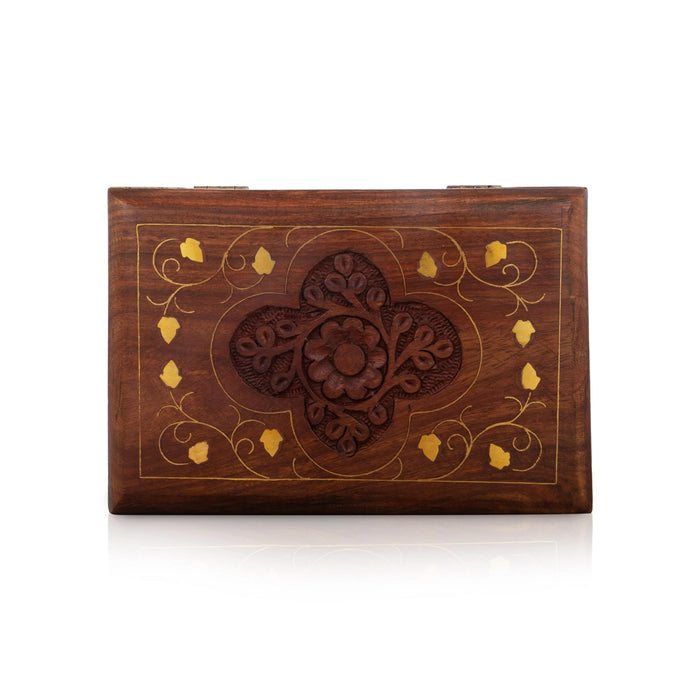 Jewel Box - 2.5 x 4 Inches | Leaf Design Storage Box/ Brass Work Kashmiri Design Wooden Box for Women/ 390 Gms - Handicraft Items