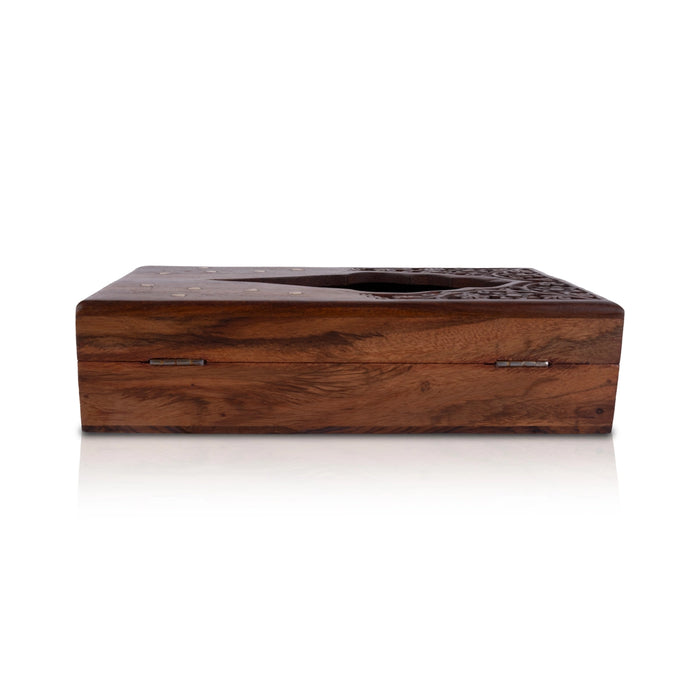 Wooden Tissue Box - 3 x 10 x 6 Inches | Hand Carved Wooden Tissue Holder With Brass Design for Home - Handicraft Items