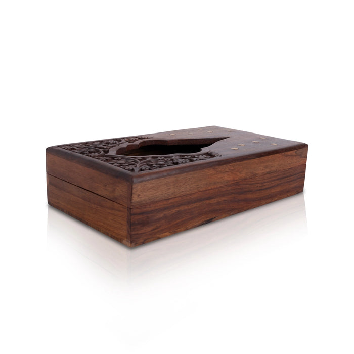 Wooden Tissue Box - 3 x 10 x 6 Inches | Hand Carved Wooden Tissue Holder With Brass Design for Home - Handicraft Items