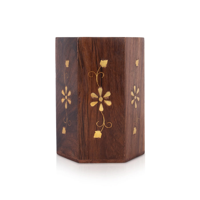 Wooden Pen Stand - 4 x 3 Inches | Brass Design Pen Holder/ Wooden Pen Organizer for Desk - Table Stand Accessories