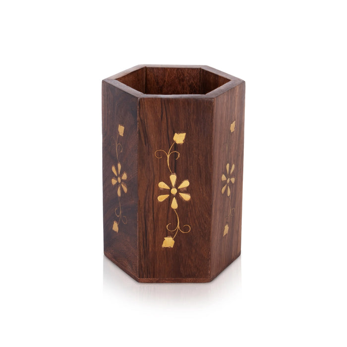 Wooden Pen Stand - 4 x 3 Inches | Brass Design Pen Holder/ Wooden Pen Organizer for Desk - Table Stand Accessories