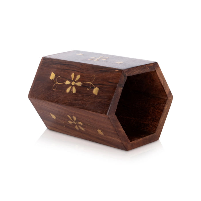 Wooden Pen Stand - 4 x 3 Inches | Brass Design Pen Holder/ Wooden Pen Organizer for Desk - Table Stand Accessories