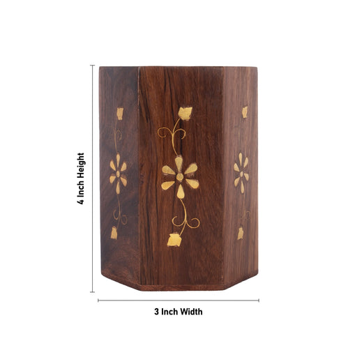 Wooden Pen Stand - 4 x 3 Inches | Brass Design Pen Holder/ Wooden Pen Organizer for Desk - Table Stand Accessories