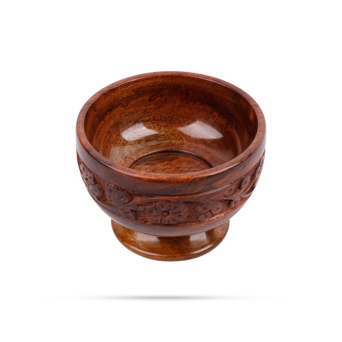 Wooden Bowl With Base - 3 x 4 Inches | Wooden Cup/ Flower Design Engraved Pooja Bowl for Home - Bowls