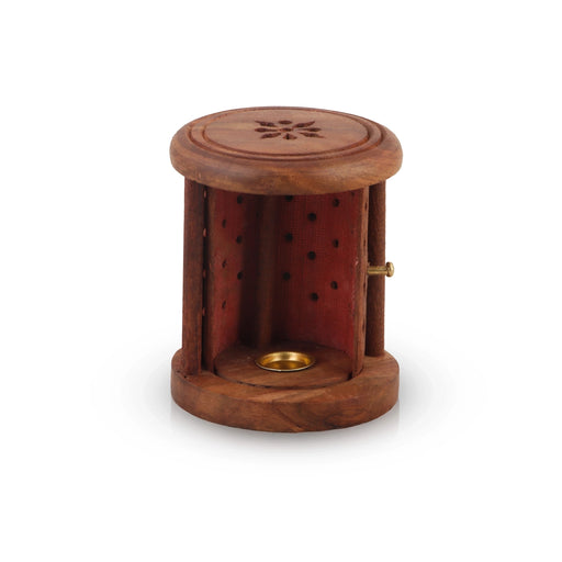 Dhoop Stand With Shutter - 3.5 x 3 Inches | Wooden Jali Work Dhoop Batti Stand With Sliding Door/ Dhoop Holder for Pooja - Sambrani Stand