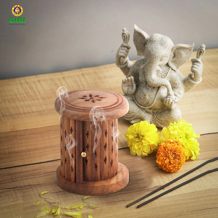Dhoop Stand With Shutter - 3.5 x 3 Inches | Wooden Jali Work Dhoop Batti Stand With Sliding Door/ Dhoop Holder for Pooja - Sambrani Stand