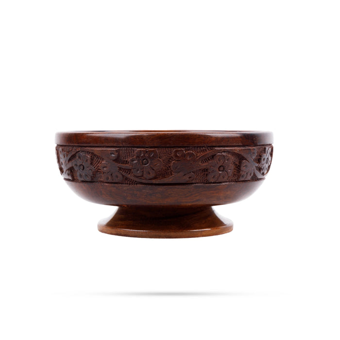 Wooden Bowl With Base - 3 x 6 Inches | Wooden Cup/ Flower Design Engraved Pooja Bowl for Home - Bowls
