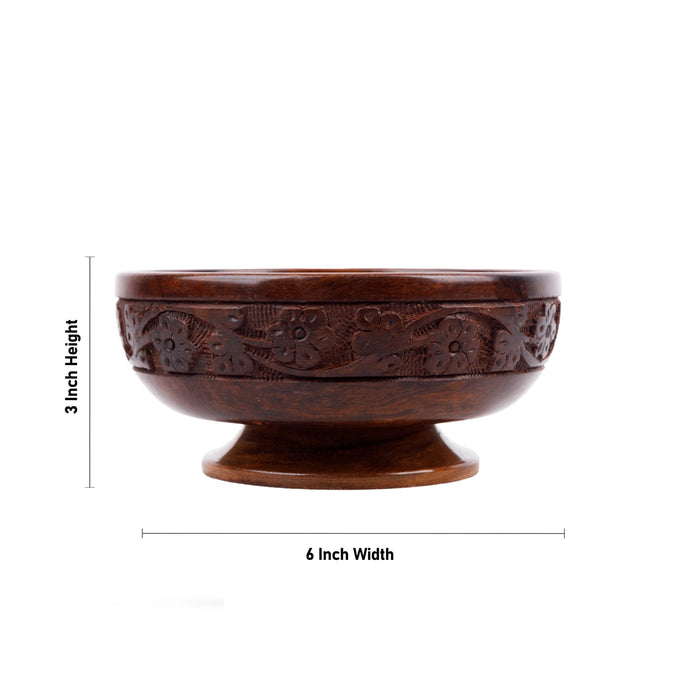 Wooden Bowl With Base - 3 x 6 Inches | Wooden Cup/ Flower Design Engraved Pooja Bowl for Home - Bowls