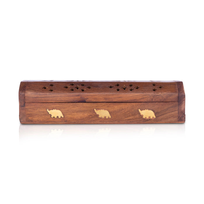 Incense Stick Holder - 2.5 x 10 Inches | Elephant Inlaid Design Agarbatti Box/ Wooden Agarbatti Stand for Pooja - Agarbathi Stand