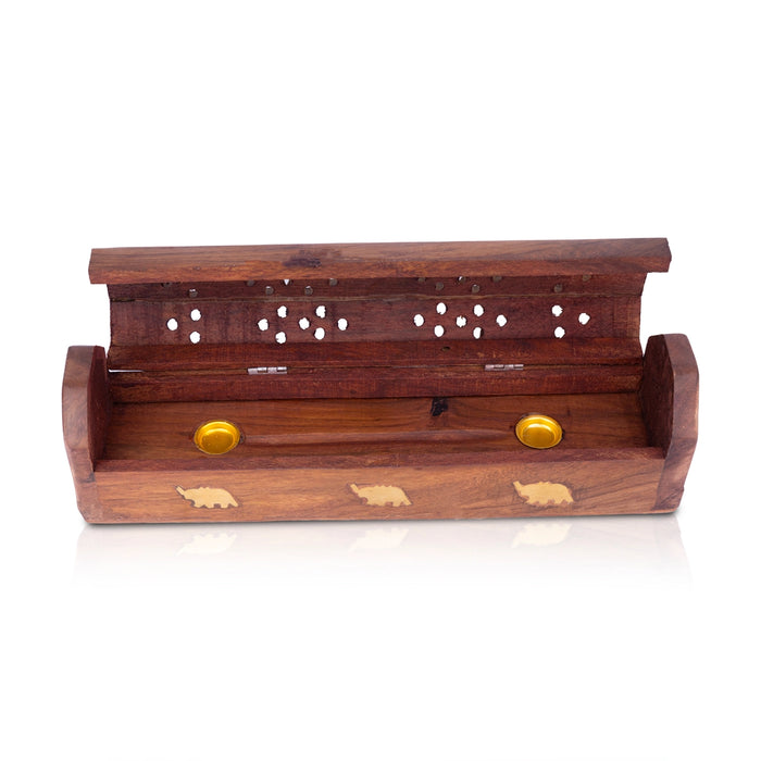 Incense Stick Holder - 2.5 x 10 Inches | Elephant Inlaid Design Agarbatti Box/ Wooden Agarbatti Stand for Pooja - Agarbathi Stand